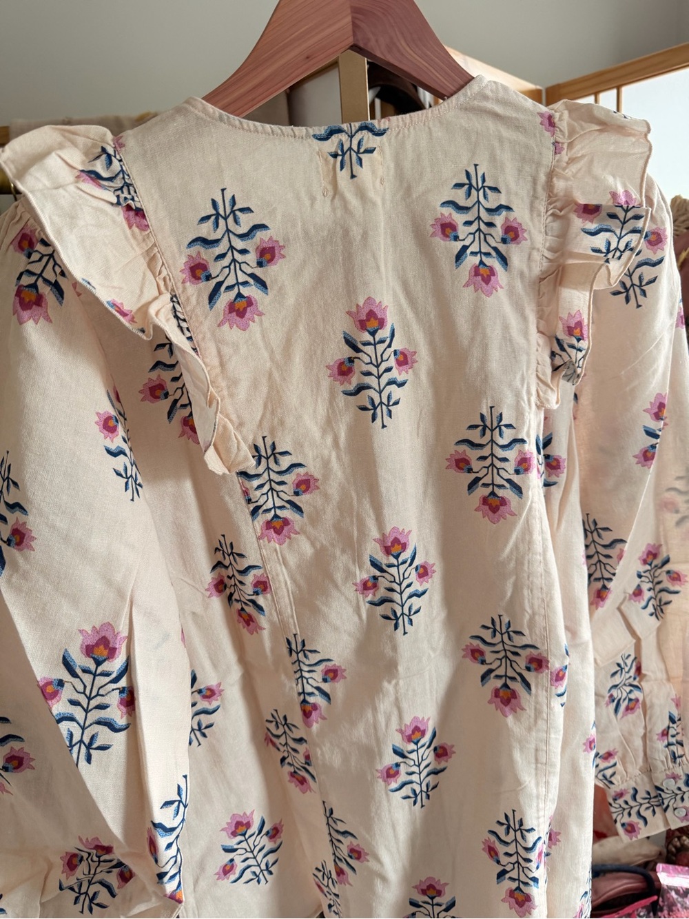 NWT Sonmer Sarah Blouse Sand Floral Print Ruffle Long Sleeve Cotton Blend - Picture 9 of 10
